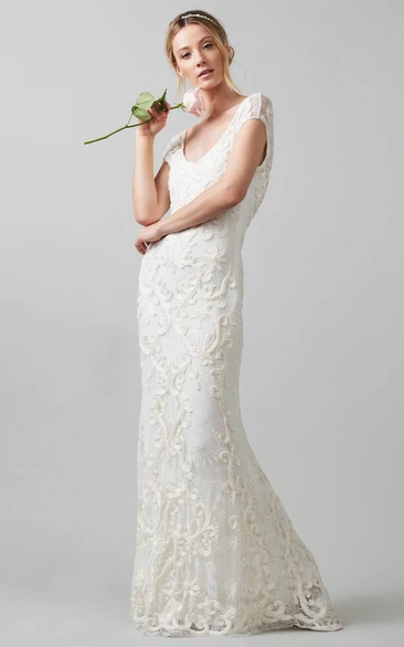 Sheath V-Neck Cap-Sleeve Lace Vintage Wedding Dress With Embroidery