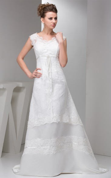Caped-Sleeve A-Line Lace Gown With Low-V Back