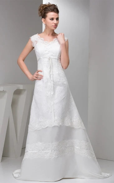 Caped-Sleeve A-Line Lace Gown With Low-V Back