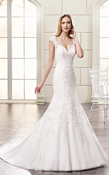 Mermaid Cap-Sleeve Lace Wedding Dress With Illusion