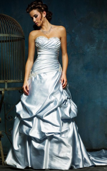 A-Line Pick-Up Sweetheart Maxi Sleeveless Satin Wedding Dress Styles With Appliques And Cascading Ruffles