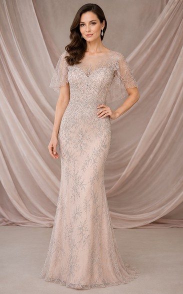 Robe fourreau en dentelle perlée rose perle à manches illusion et dos nu en V