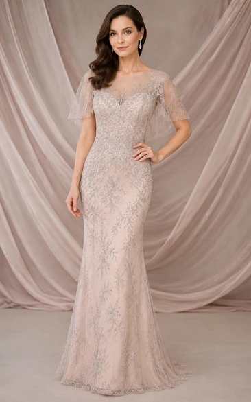 Vestido de madre entallado de encaje con cuentas, mangas ilusión color rosa perla y espalda en V baja.