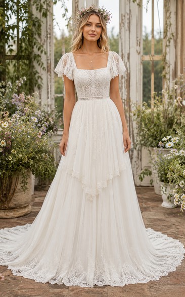 Modest Boho Wedding Dress with Square Neckline, Flutter Sleeves & Layered Lace A-Line Skirt