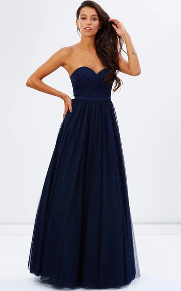 A-Line Lace Sleeveless Sweetheart Tulle Bridesmaid Dress With Pleats And Ribbon