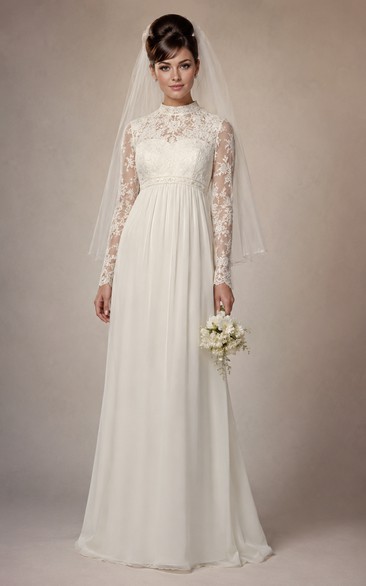 Long Sleeve Lace Chiffon A-Line Vintage Wedding Dress