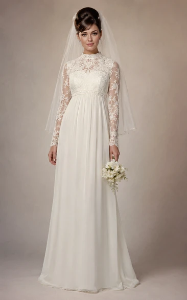 Long Sleeve Lace Chiffon A-Line Vintage Wedding Dress