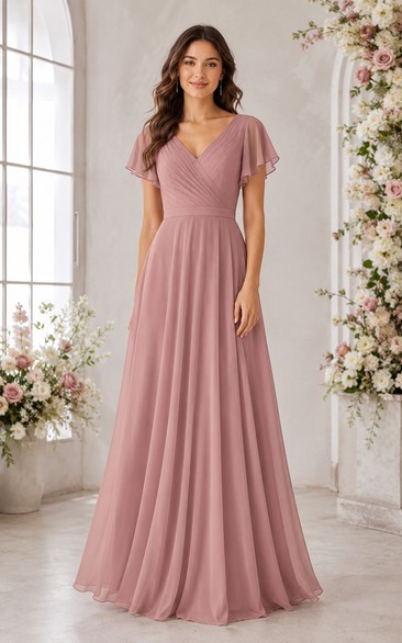 Dusty Rose Chiffon V-neck A-Line Bridesmaid Dress