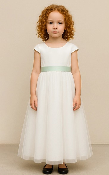 Scoop-neck Cap White Ankle-length Flowergirl Dress