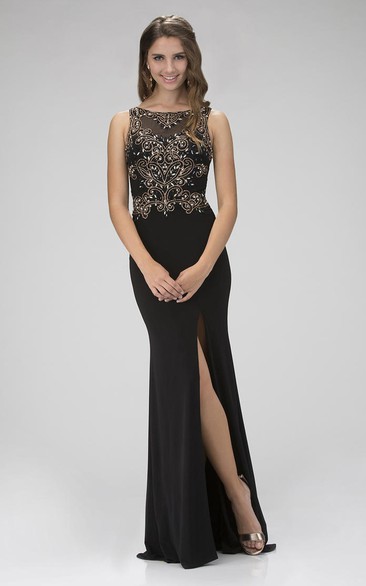 Sheath Scoop-Neck Sleeveless Jersey Illusion Dress With Split Front And Beading