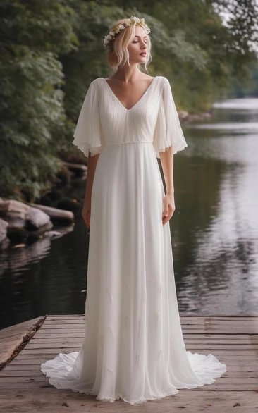 V-neck Chiffon Godness Half-sleeve Empire Wedding Dress