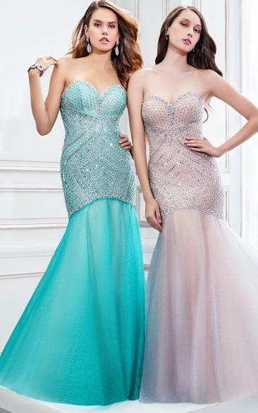 Mermaid Sleeveless Sweetheart Beaded Tulle Prom Dress