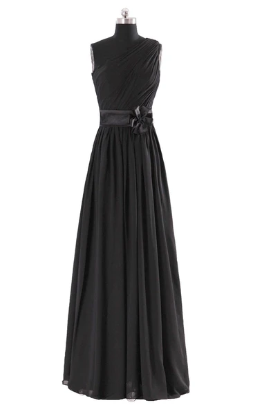 High-neck A-line Chiffon Dress With Satin Sash and Bow