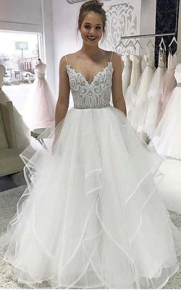 Spaghetti Tulle Ball Gown A-line Draped Dress with Lace Top