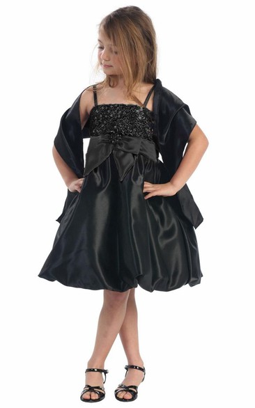 Spaghetti Midi Bowed Cap-Sleeve Sequins&Satin Flower Girl Dress With Cape