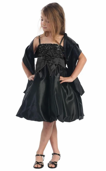 Spaghetti Midi Bowed Cap-Sleeve Sequins&Satin Flower Girl Dress With Cape