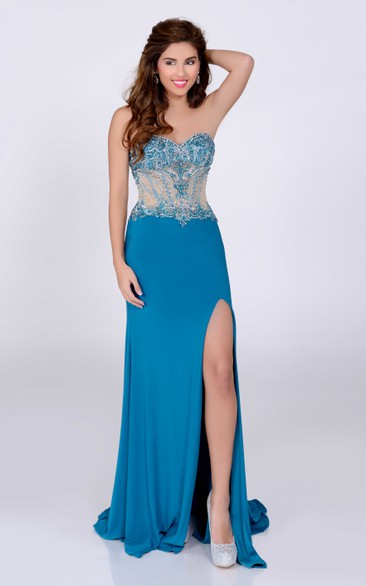 Jersey A-Line Side Slit Sweetheart Gown Featuring Crystal Bodice
