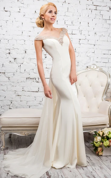 Sheath Floor-Length Cap-Sleeve Scoop-Neck Beaded Satin&Tulle Wedding Dress