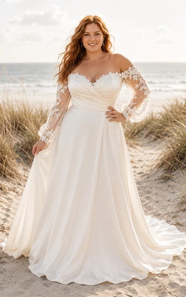 Elfenbeinfarbenes, schulterfreies Chiffon-Brautkleid in A-Linie (Übergröße) mit Spitzenärmeln