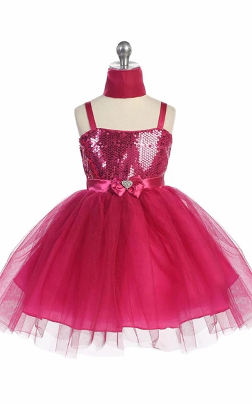 Knee-Length Cape Beaded Tiered Tulle&Sequins Flower Girl Dress With Sash