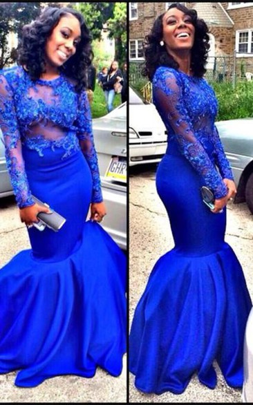 Delicate Appliques Royal Blue Prom Dress Mermaid Sweep Train