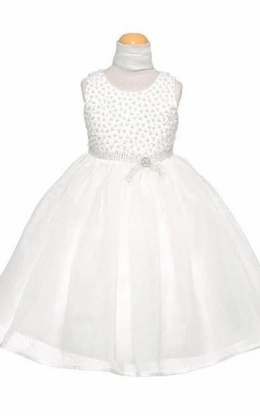 Tea-Length Cap-Sleeve Beaded Organza&Satin Flower Girl Dress With Cape