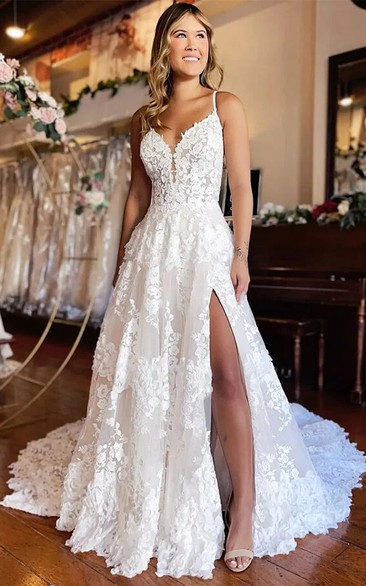 Romantic Lace A-Line Wedding Dress with Plunging Neckline and High Slit