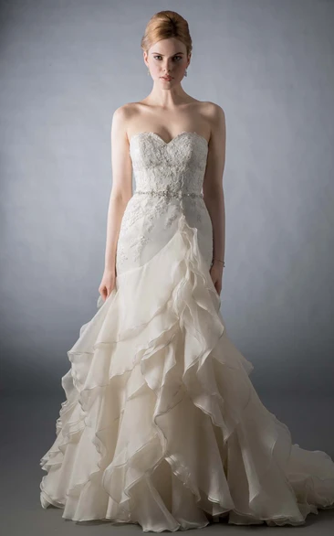 A-Line Sweetheart Appliqued Long Organza Wedding Dress With Cascading Ruffles And Tiers