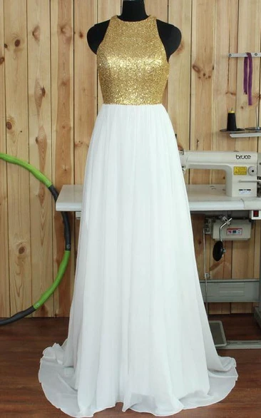 Jewel A-Line Sequins Court Train Prom Dress