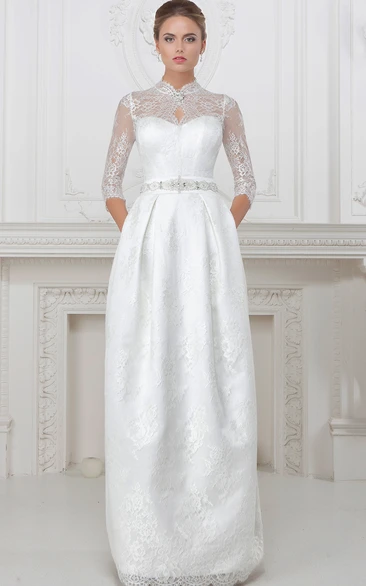 High Neck Half-Sleeve Long Lace Wedding Dress With Waist Jewellery And Corset Back