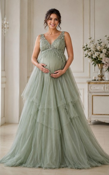 Maternity A-Line Lace Maternity Dress with V-neck, Sleeveless and Lace Tiers, Floor Length