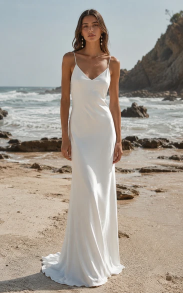 Minimal Spaghetti Strap Satin Sheath Wedding Dress with V-Neck and Low Back