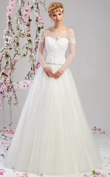 A-Line Long-Sleeve Long Appliqued Scoop-Neck Tulle Wedding Dress