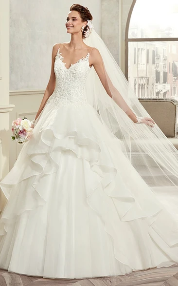 Sweetheart Spaghetti-Strap A-Line Bridal Gown With Ruffles And Lace Bodice