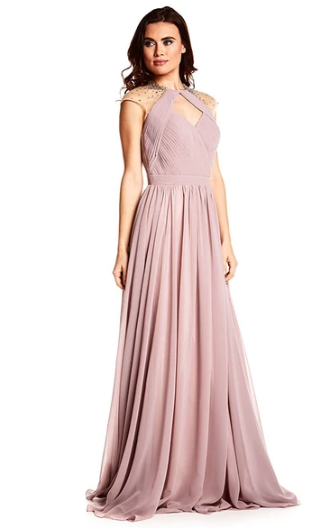 High Neck Cap Sleeve Criss-Cross Chiffon Prom Dress