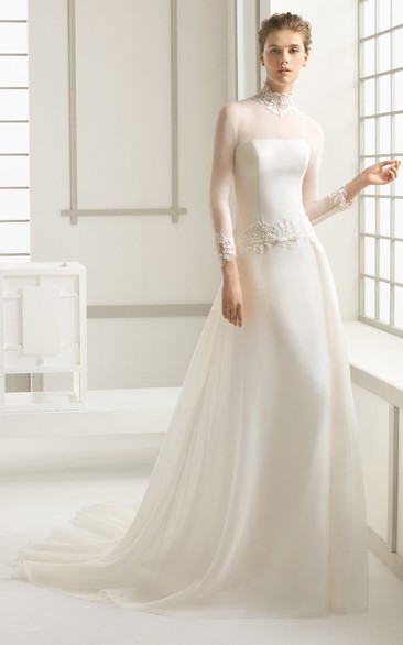 Long-Sleeved High-Neck Dropped Waistline Bridal Dress