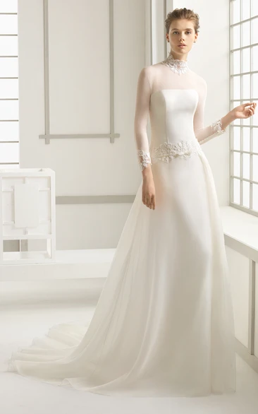 Long-Sleeved High-Neck Dropped Waistline Bridal Dress