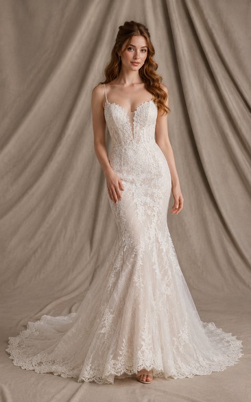 Wedding Mermaid Lace Dress with Spaghetti Straps and Chapel Train