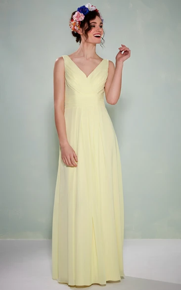 Maxi Ruched Sleeveless V-Neck Chiffon Bridesmaid Dress