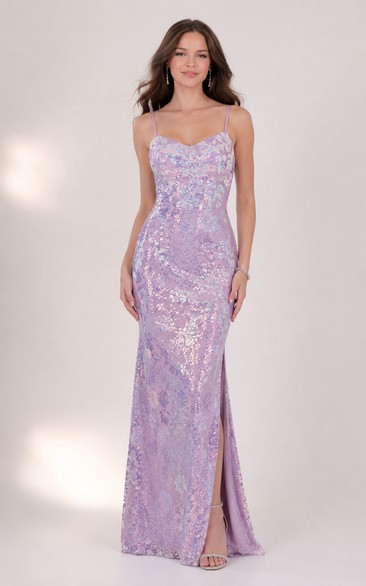 Sequin Prom Dress in Lavender, Spaghetti Strap, Sweetheart Sheath Floor-Length Gown with Sequins