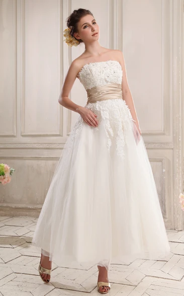 Strapless Ankle-Length Dress With Appliques and Zipper-Back