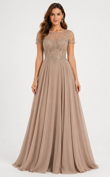 A-Line Lace Mother of the Bride Dress with Jewel, Short Sleeve and Lace Pleats, Floor Length