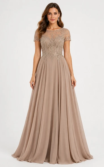 A-Line Lace Mother of the Bride Dress with Jewel, Short Sleeve and Lace Pleats, Floor Length