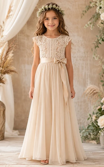 Champagne Boho A-Line Lace Flower Girl Dress with Bow Sash