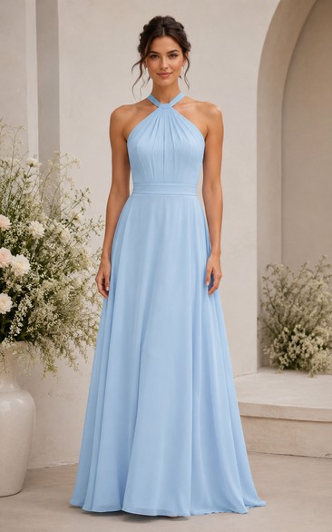 Sky Blue Halter A-Line Chiffon Bridesmaid Dress