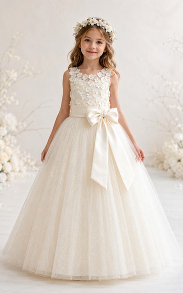 A-line Floor Length Sleeveless Tulle Lace Flower Girl Dress with Ivory V-back lace bodice with flower bow sash
