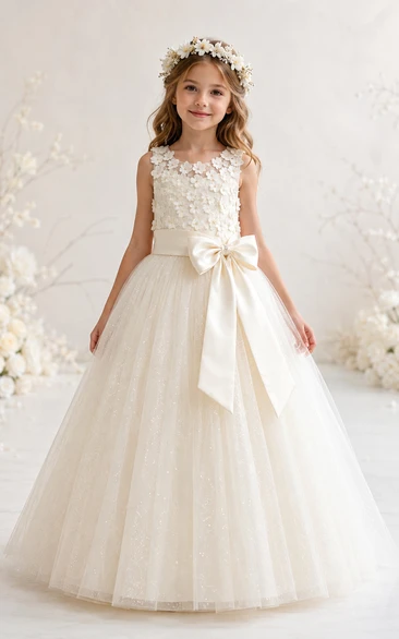 A-line Floor Length Sleeveless Tulle Lace Flower Girl Dress with Ivory V-back lace bodice with flower bow sash