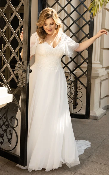 Beautiful Plus Size Chiffon V-neck A Line Wedding Dress