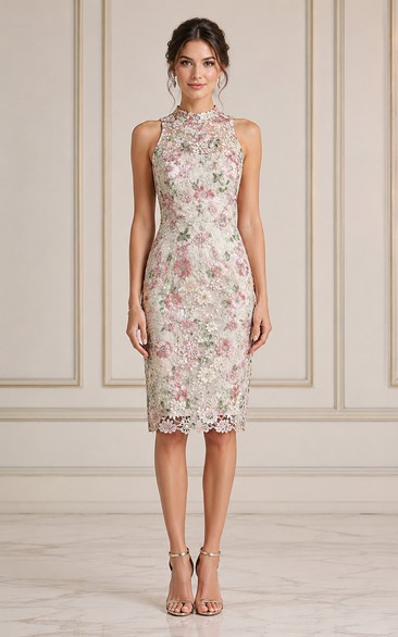 Floral Ivory Floral Lace High Neck Knee-Length Cocktail Dress