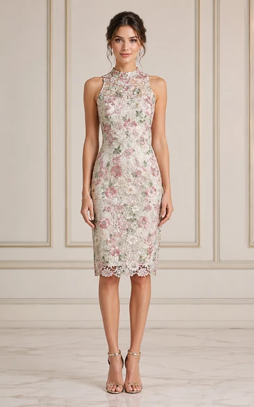 Floral Ivory Floral Lace High Neck Knee-Length Cocktail Dress